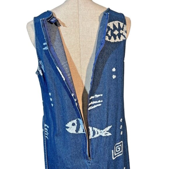 Blue J Denim Jean Jumper Dress Size Medium Fish Print Abstract Y2K Cotton VTG - Picture 8 of 9